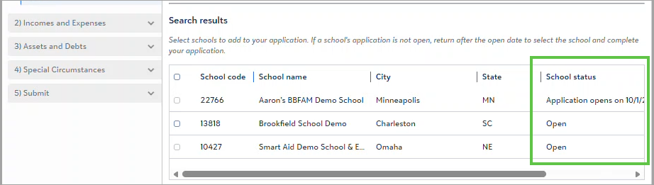 School search result with school status highlighted